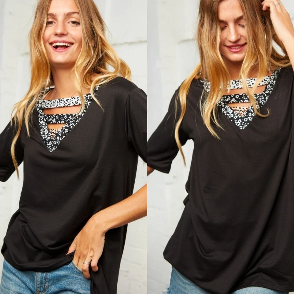 Black Top With Animal Print Detail